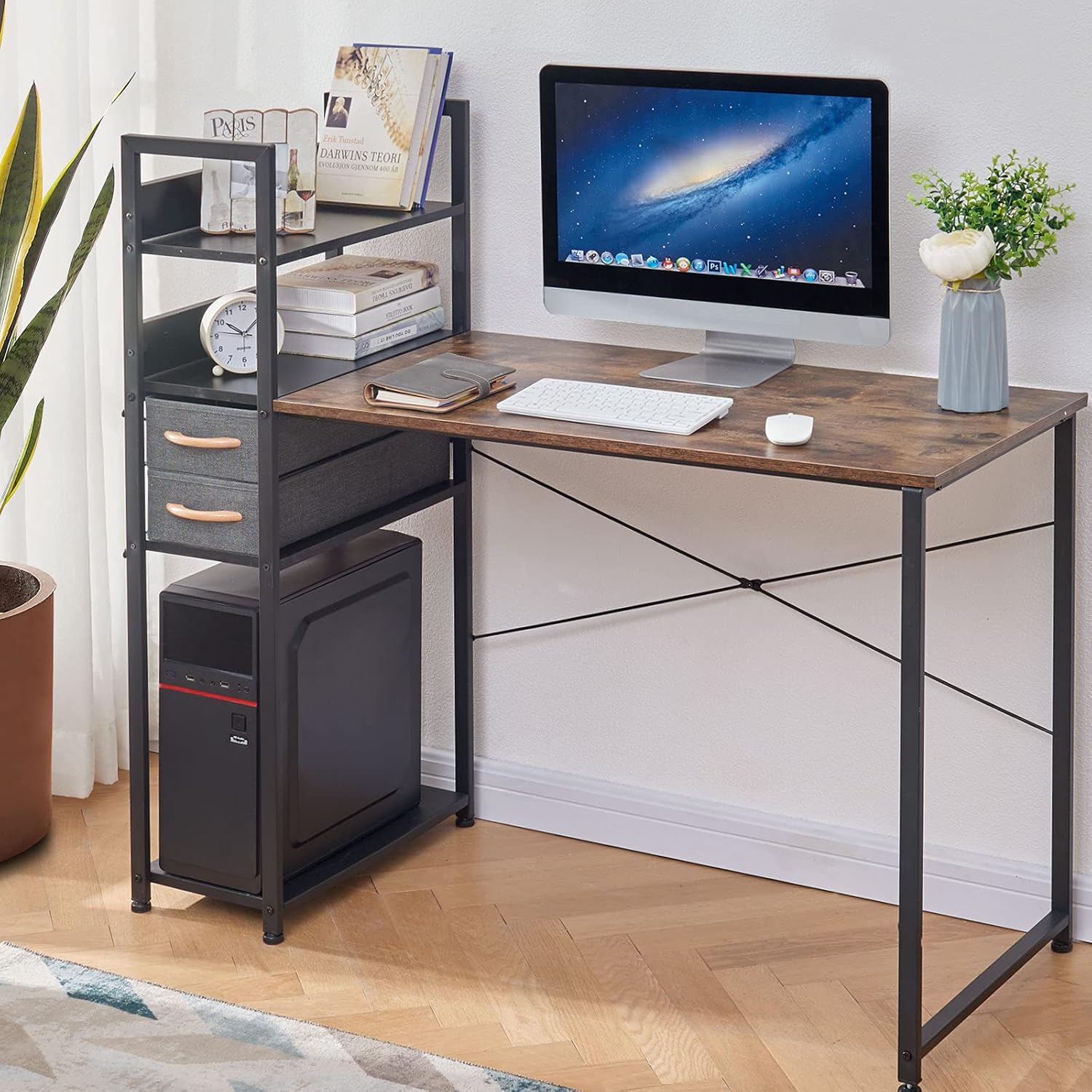 Rustic Brown & Black Computer Desk with Canvas Drawer L6868