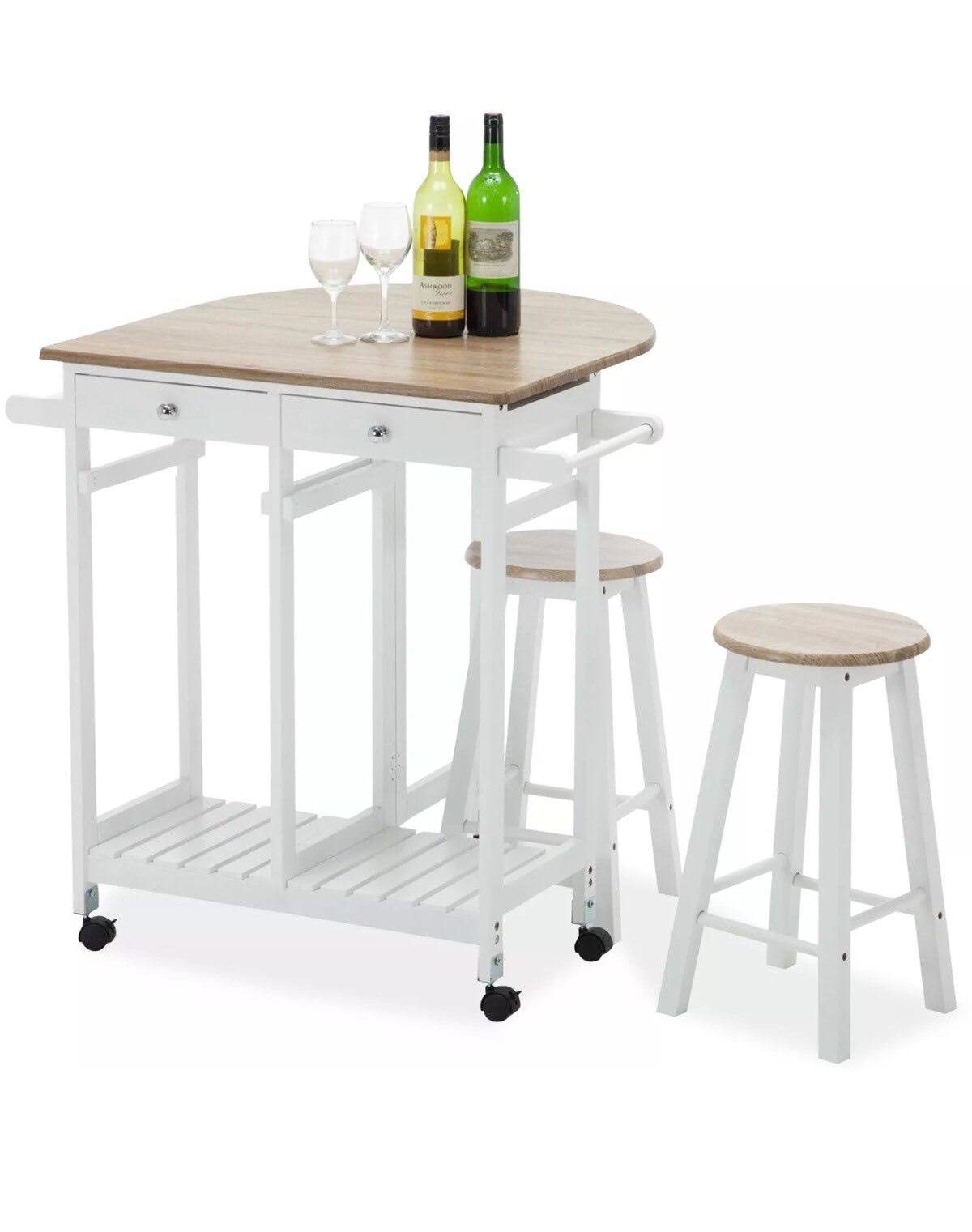Oak Kitchen Island Cart with 2 Bar Stools and 2 Drawers X269