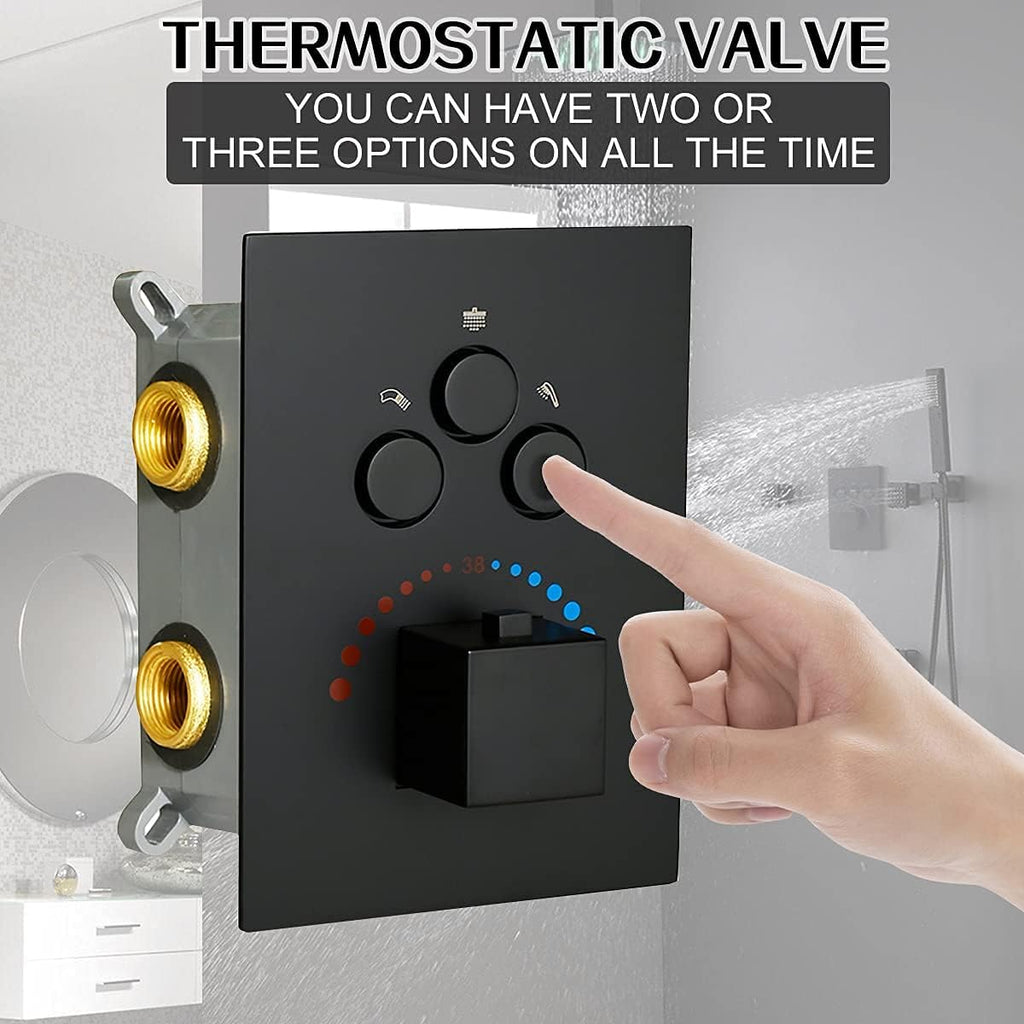 16 Inch Rain Shower System with Body Jets Ceiling Mounted Brass Shower Faucet Combo (Matte Black) L233995
