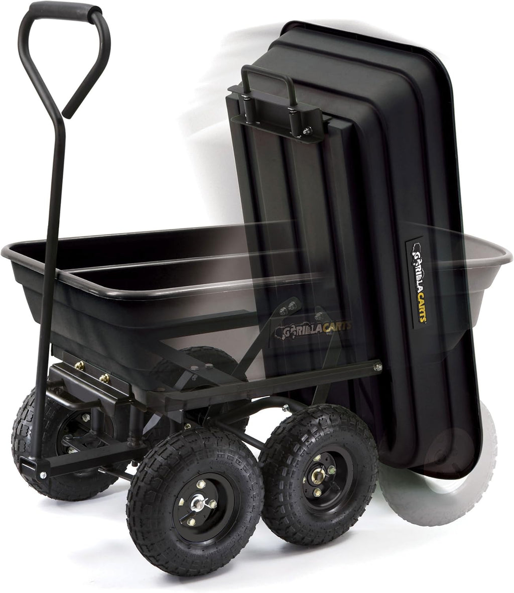 Black Poly Garden Dump Cart with Steel Frame and 10-Inch Pneumatic Tires, 600-Pound Capacity Z775573