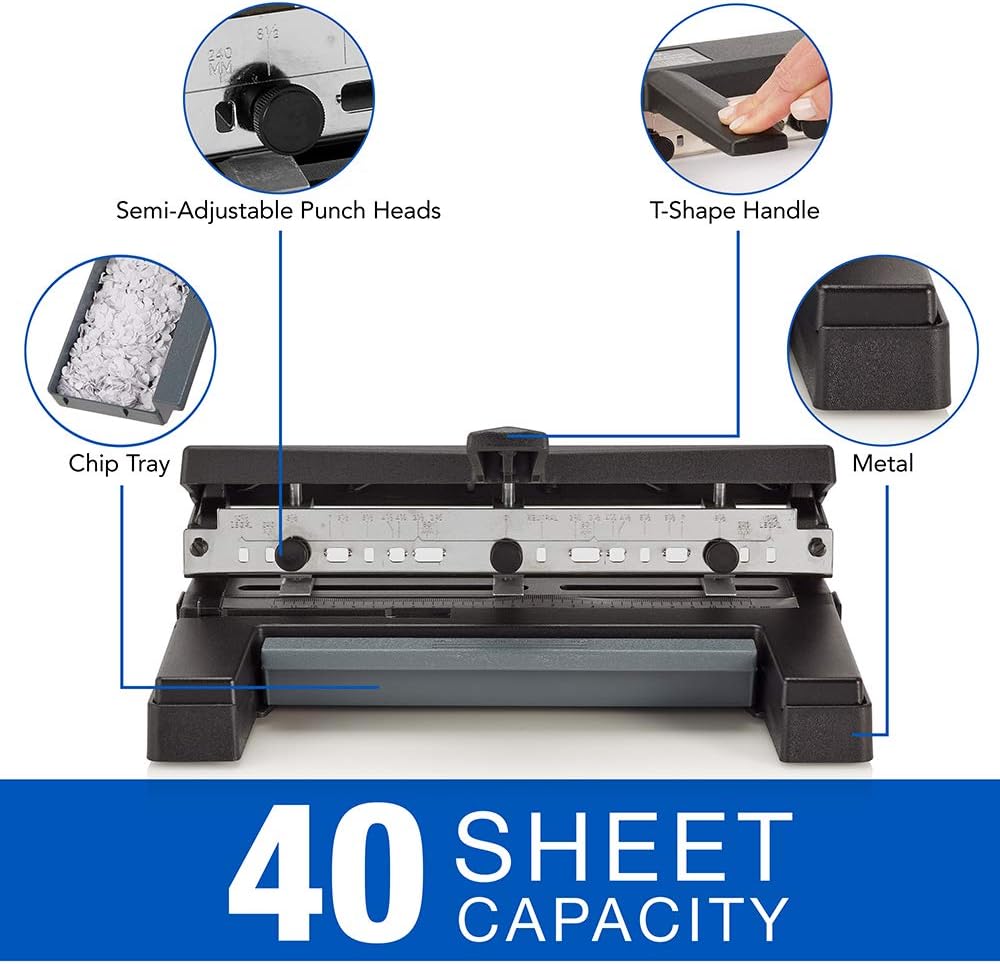 Heavy Duty Adjustable Hole Punch, 40 Sheet Capacity, Black T872