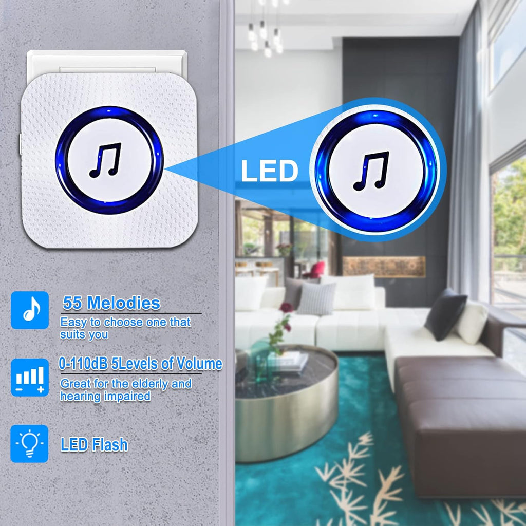 Door Chime with 5 Magnetic Door Sensors & 2 Plug-in Receivers, Indoor Range 500ft W8324