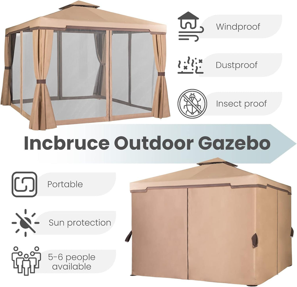 Steel Vented Double Roof Garden Gazebo with Mosquito Netting (Brown) D82379