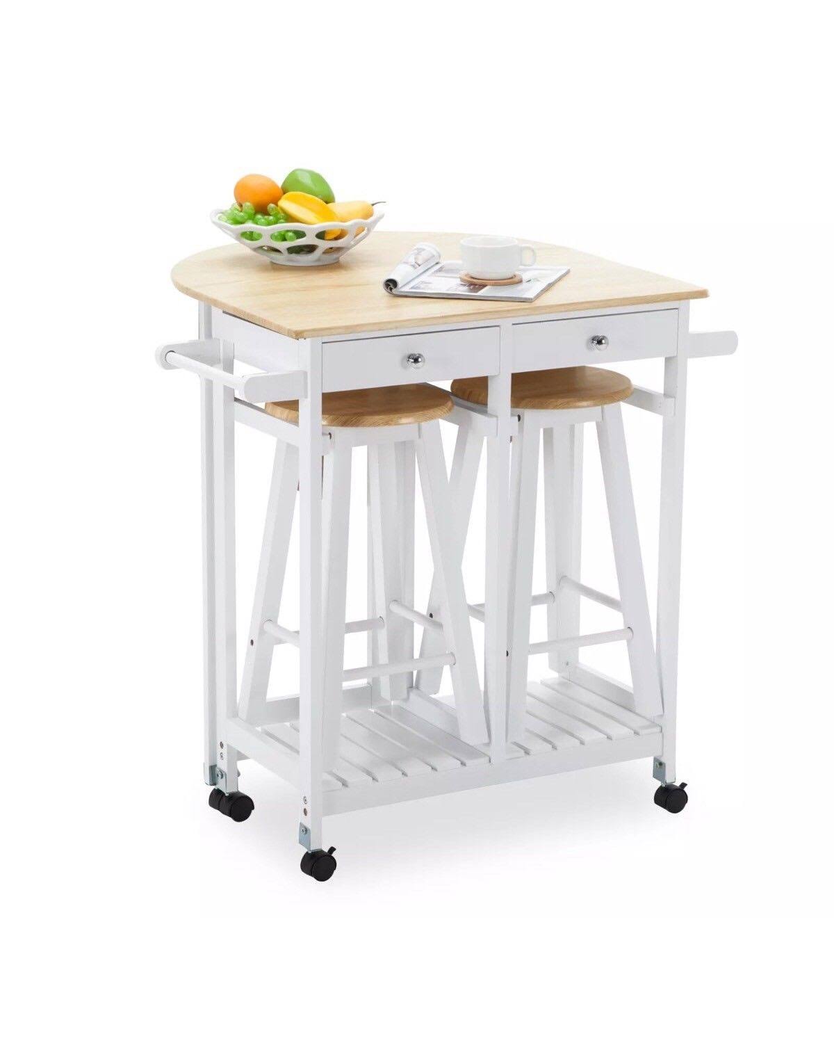 Oak Kitchen Island Cart with 2 Bar Stools and 2 Drawers X269