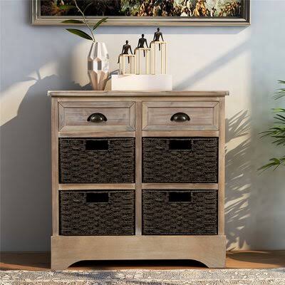 Beige Storage Cabinet with Two Drawers and Four Rattan Basket H40182