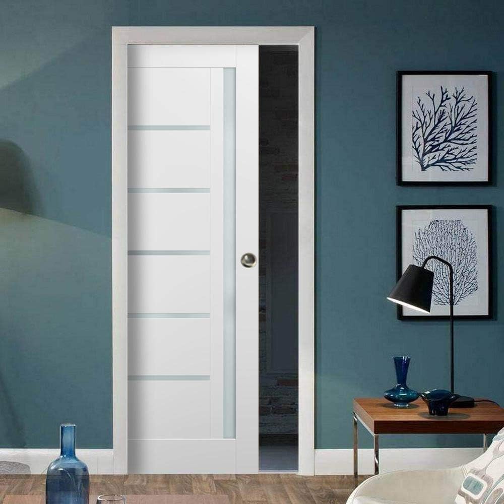White Silk Frosted Opaque Glass Solid Wood Interior Sliding Closet Door with Frames and Hardware U5271