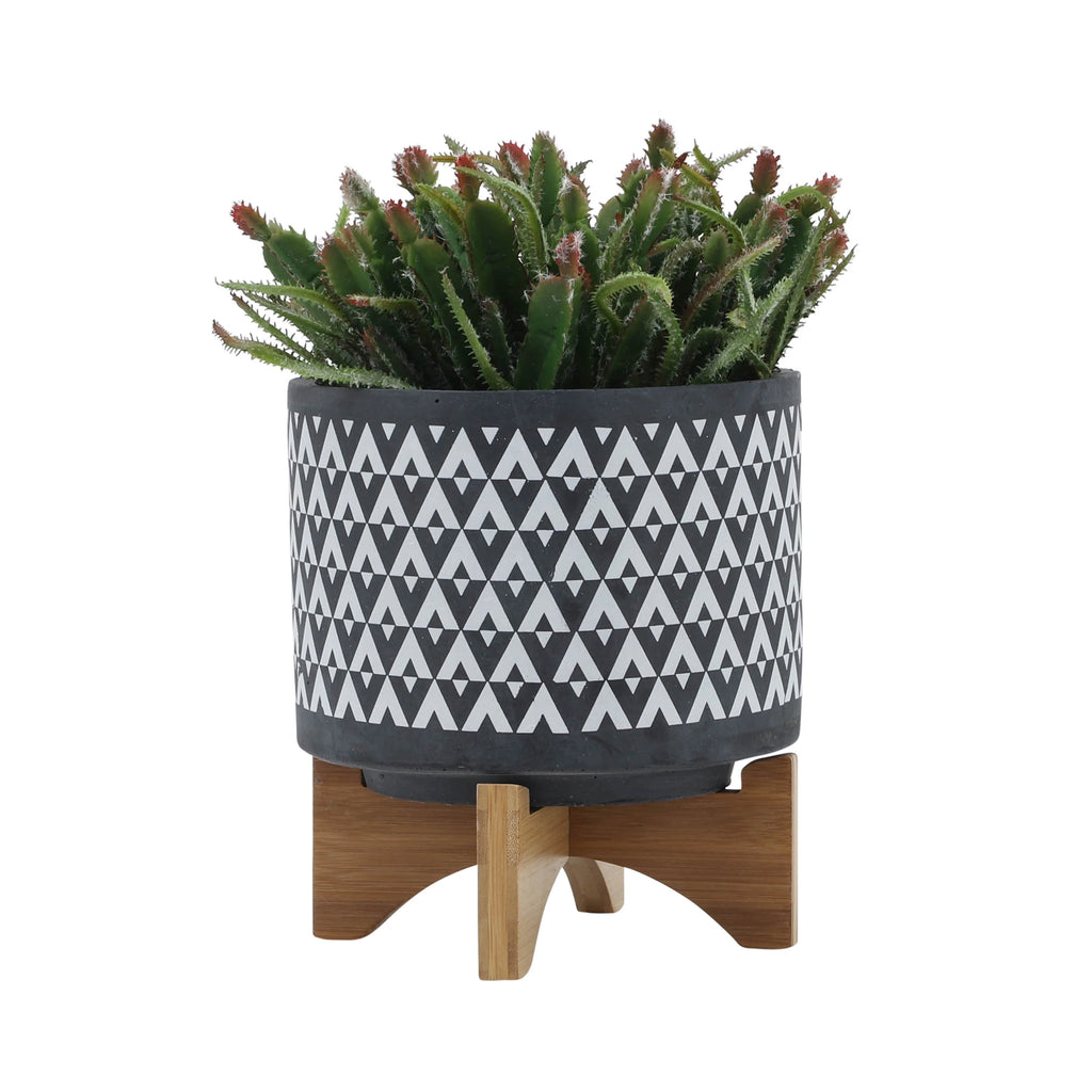 Ceramic Aztec Planter on Wooden Stand, Gray, 8"L X 8"W X 9"H X861543