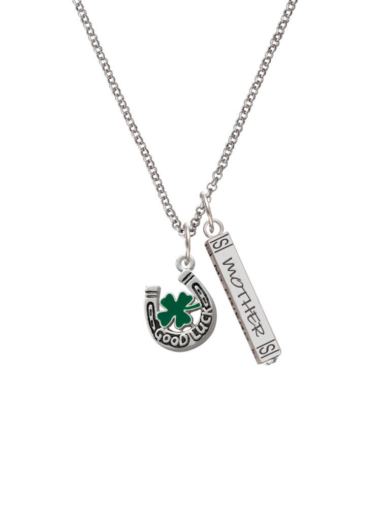Silvertone Horseshoe Four Leaf Clover Mother Daughter Bar Charm Necklace, 23" T5393