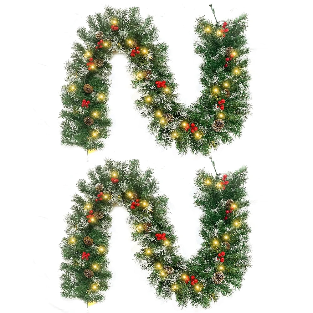 2 Pcs 6ft Pre-Lit Christmas Garland with 40 Waterproof LED Light and Pine Cones and Berries, Battery Operated N615