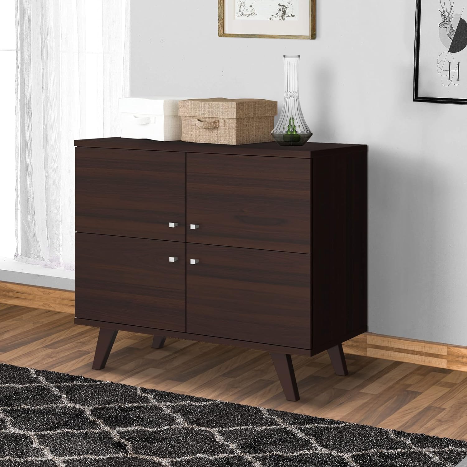 36-Inch Wooden Multipurpose Storage Cabinet with 4-Doors, Dark Brown C89965