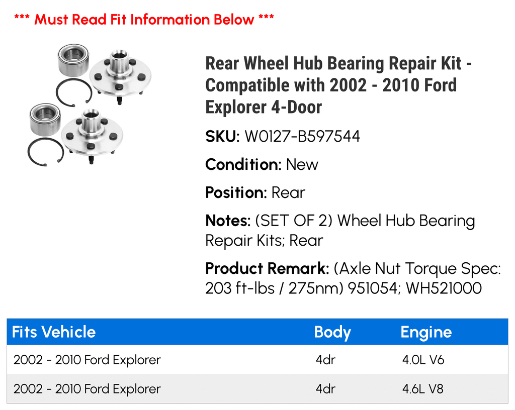 Rear Wheel Hub Bearing Repair Kit for Ford Explorer 4-Door 4.0L V6 4.6L V8 G203