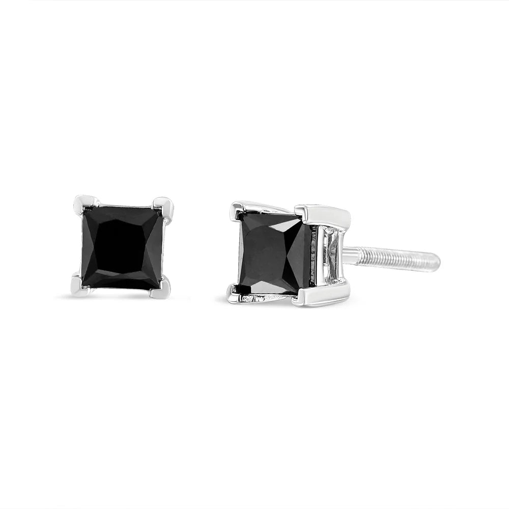 14K White Gold 2.00 Cttw Princess-Cut Black Diamond Stud Earrings with Screw Backs F5924