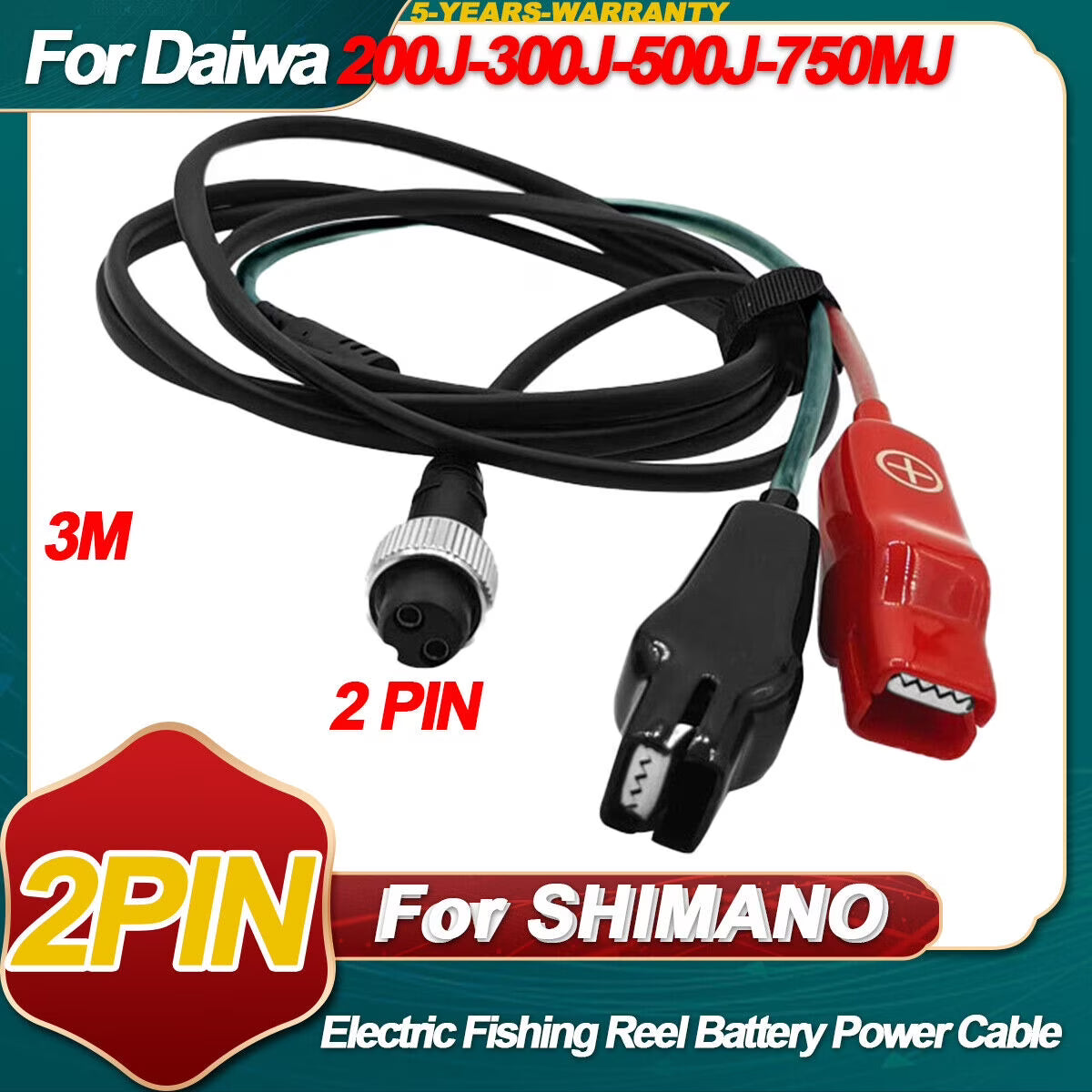 3.0M 2 Pin Electric Fishing Reel Battery Power Cord with Crocodile Clip Cable X5821