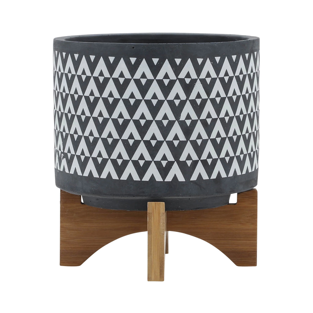 Ceramic Aztec Planter on Wooden Stand, Gray, 8"L X 8"W X 9"H X861543