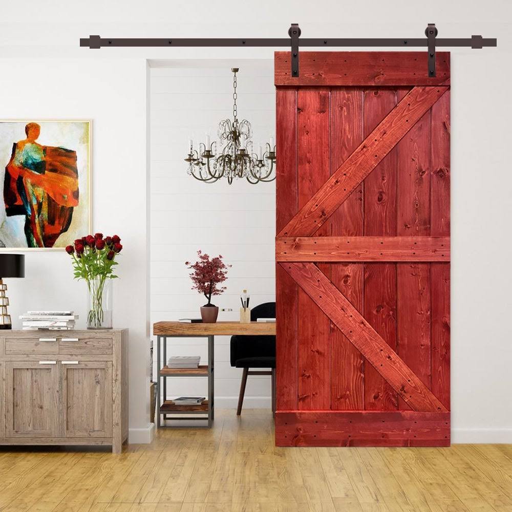 Cherry Red Stained Wood Sliding Barn Door with Hardware Kit Y725310