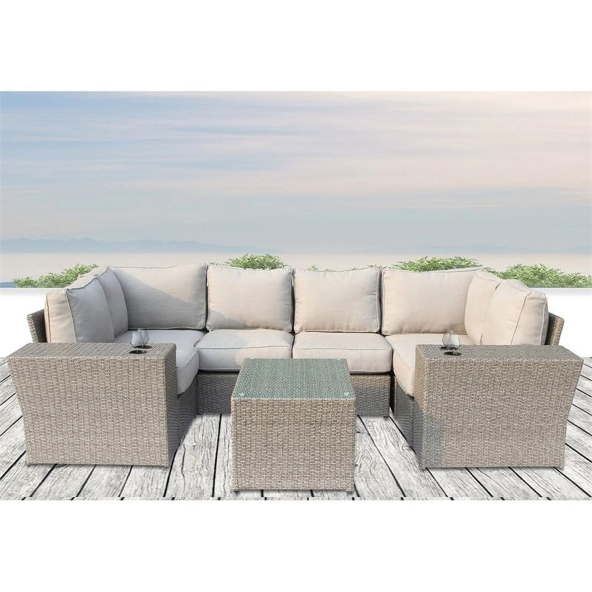 Beige 9-Piece Wicker Sectional Set with Cushion H571