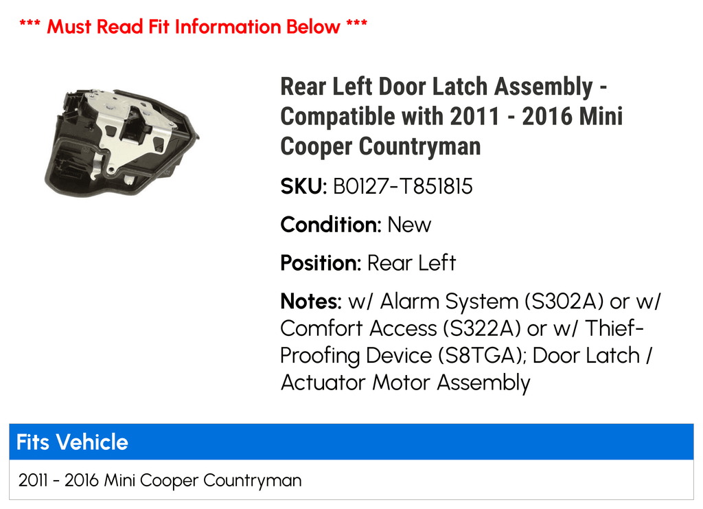 Rear Left Door Latch Assembly Compatible with 2011-2016 Mini Cooper Countryman N2503
