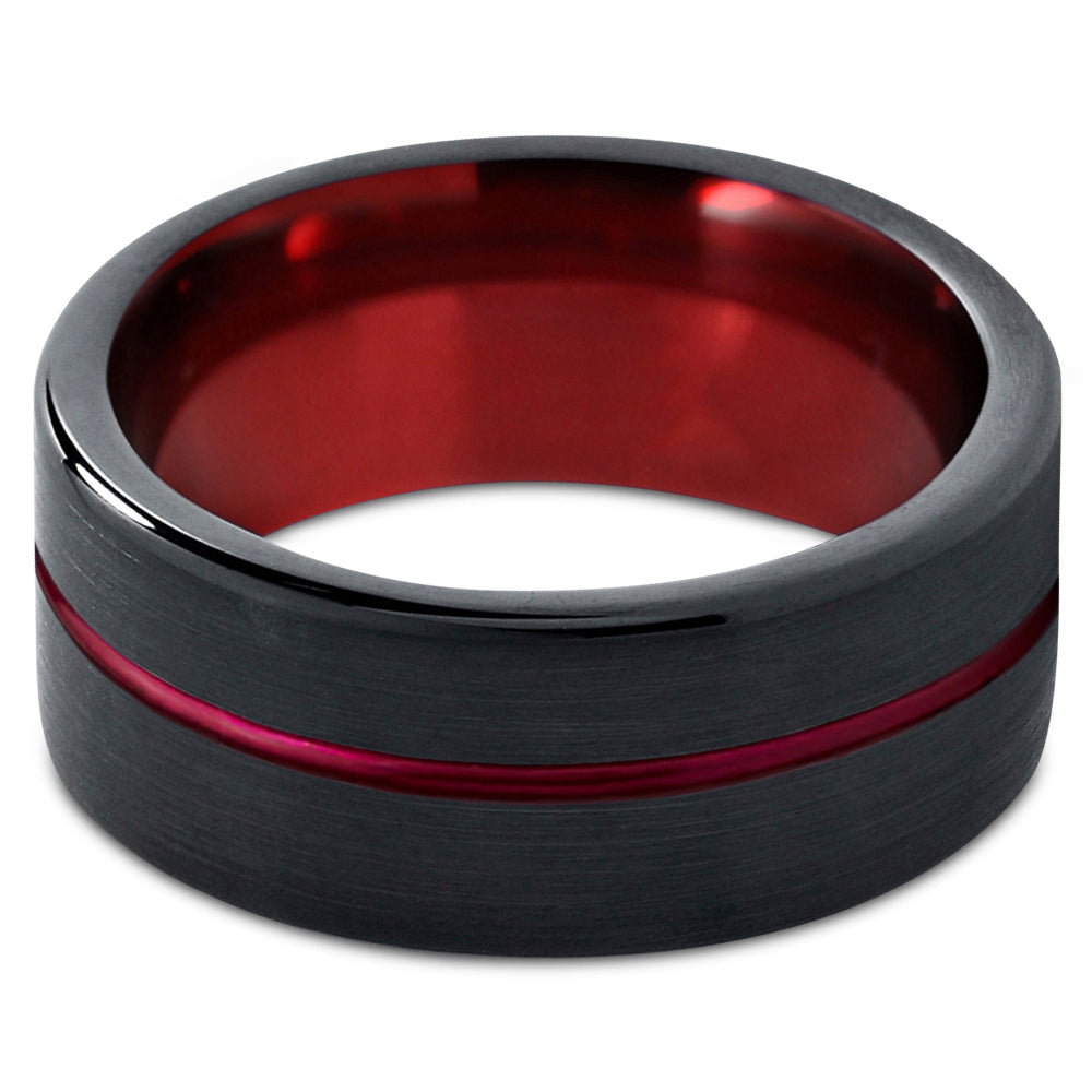 Tungsten Wedding Band Ring 10mm Red Black Brushed Polished M28150