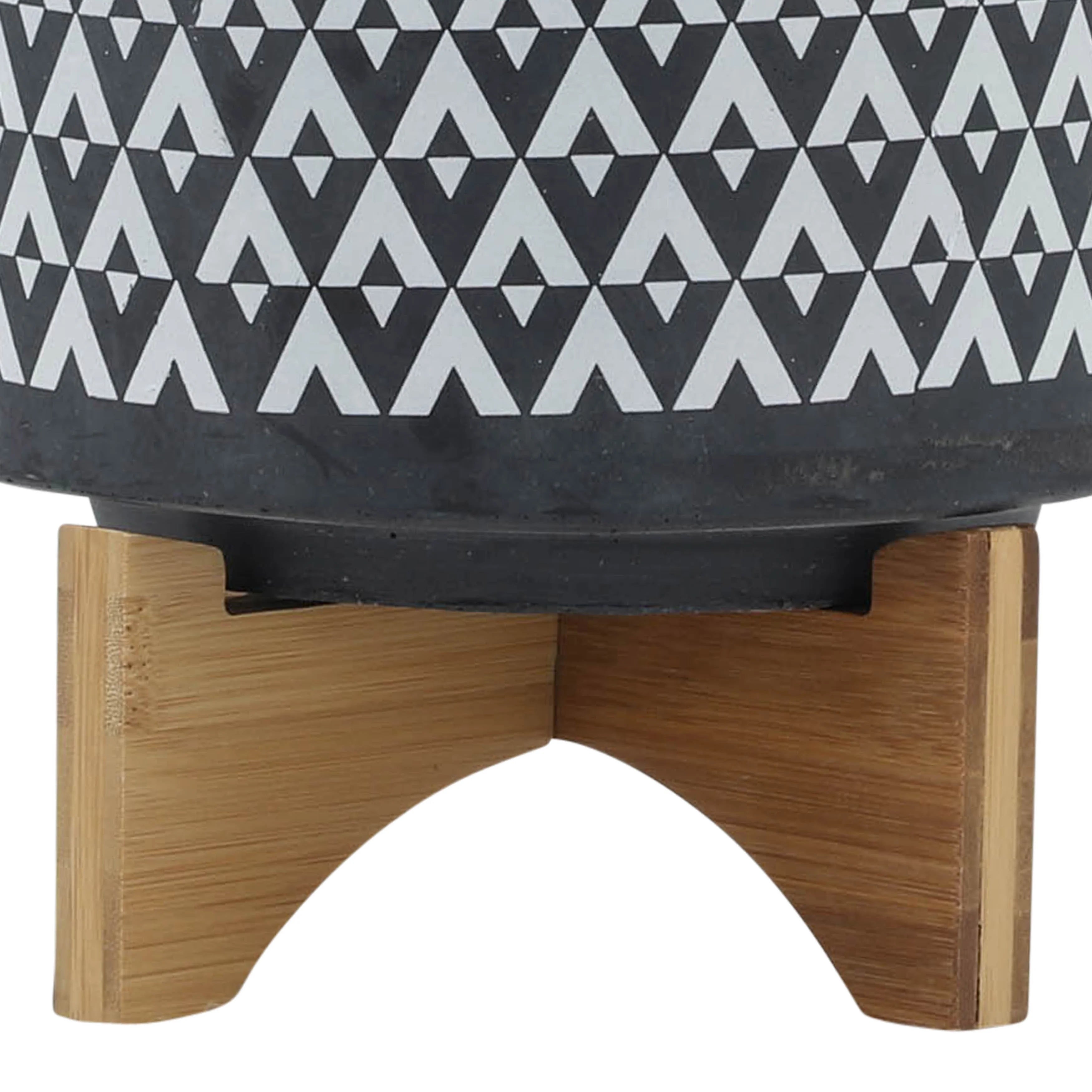 Ceramic Aztec Planter on Wooden Stand, Gray, 8"L X 8"W X 9"H X861543