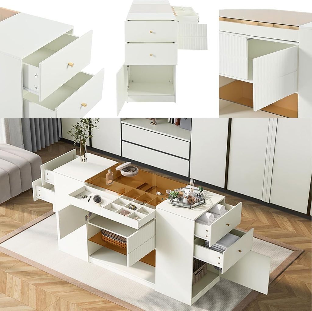 Glass Top Wooden Closet Island with 6 Drawers and 3 Cabinets Q2722