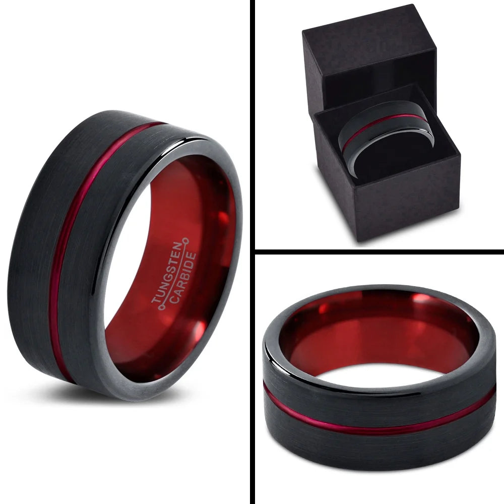 Tungsten Wedding Band Ring 10mm Red Black Brushed Polished M28150