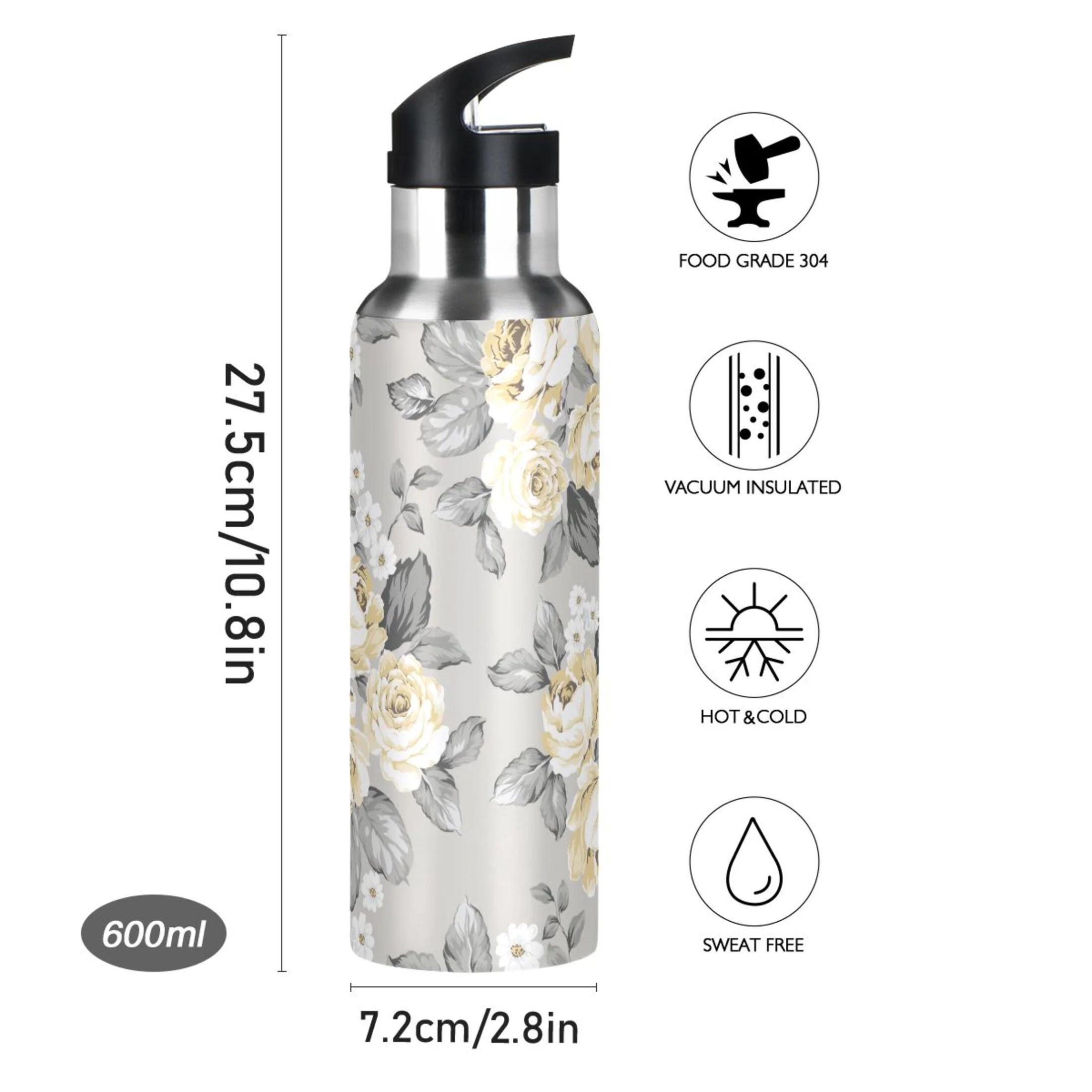 Yellow Flowers on Grey Stainless Steel Insulated Water Bottle with Straw Lid W71786
