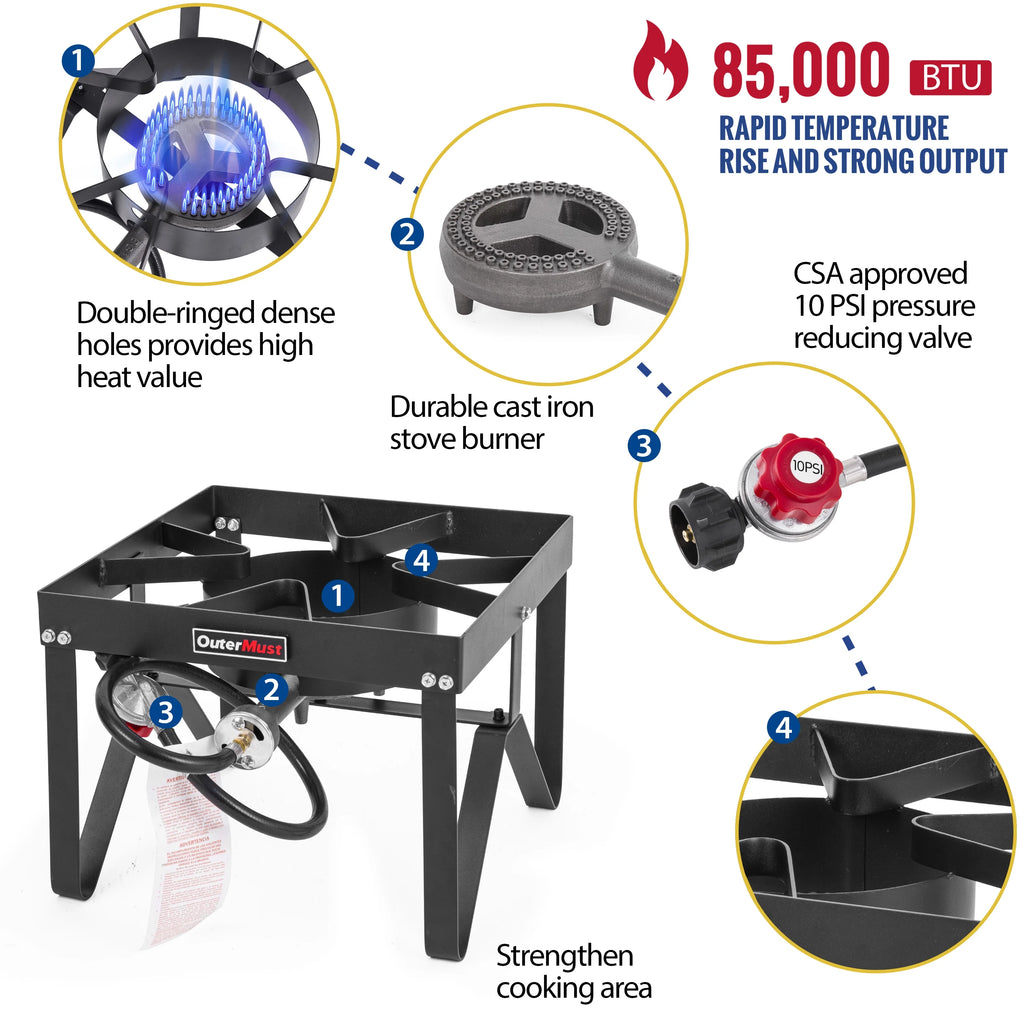 Outdoor Propane Burner Stove with 10 PSI Regulator and Cast Iron Braided Holes H32680