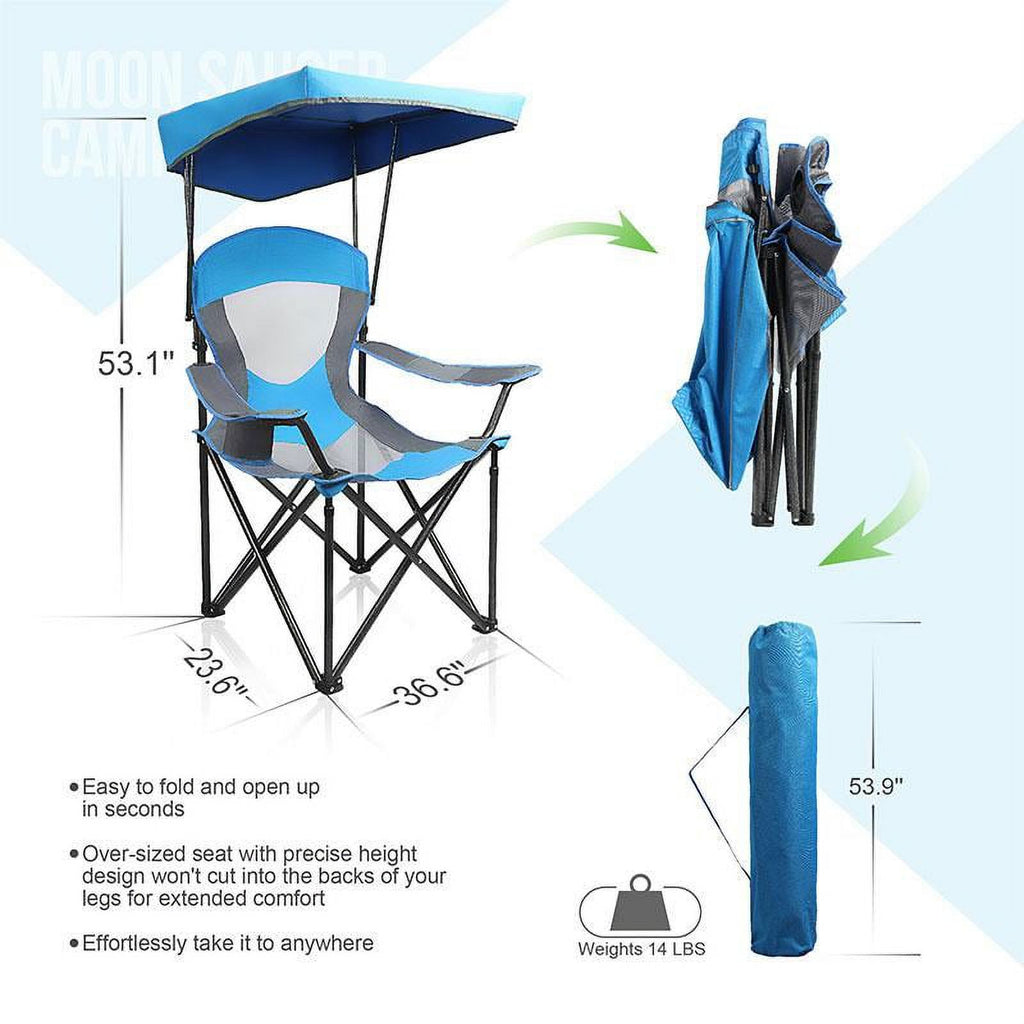 Blue Folding Camping Chair with Shade Canopy, Steel Frame, Carry Bag and Cup Holder O721966