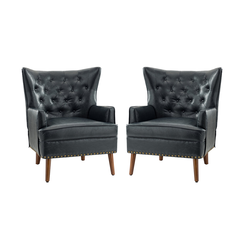 Navy Vegan Leather Wingback Armchair Set of 2 I802359