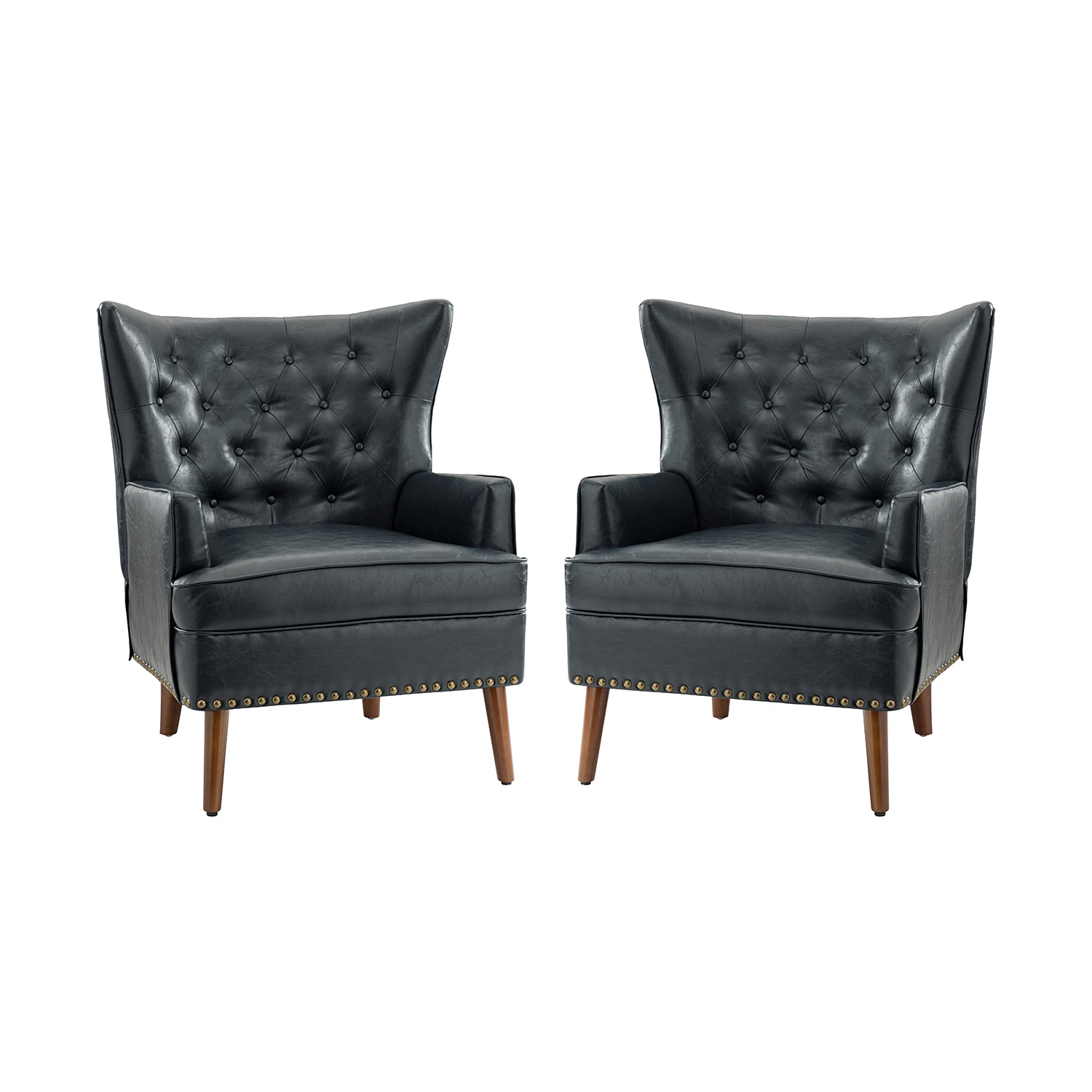 Navy Vegan Leather Wingback Armchair Set of 2 I802359