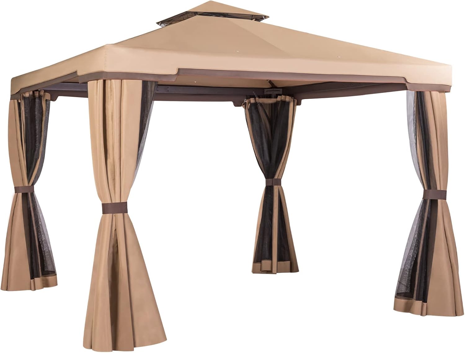 Steel Vented Double Roof Garden Gazebo with Mosquito Netting (Brown) D82379