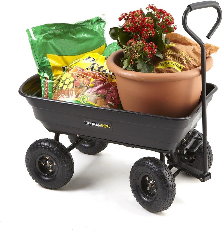 Black Poly Garden Dump Cart with Steel Frame and 10-Inch Pneumatic Tires, 600-Pound Capacity Z775573