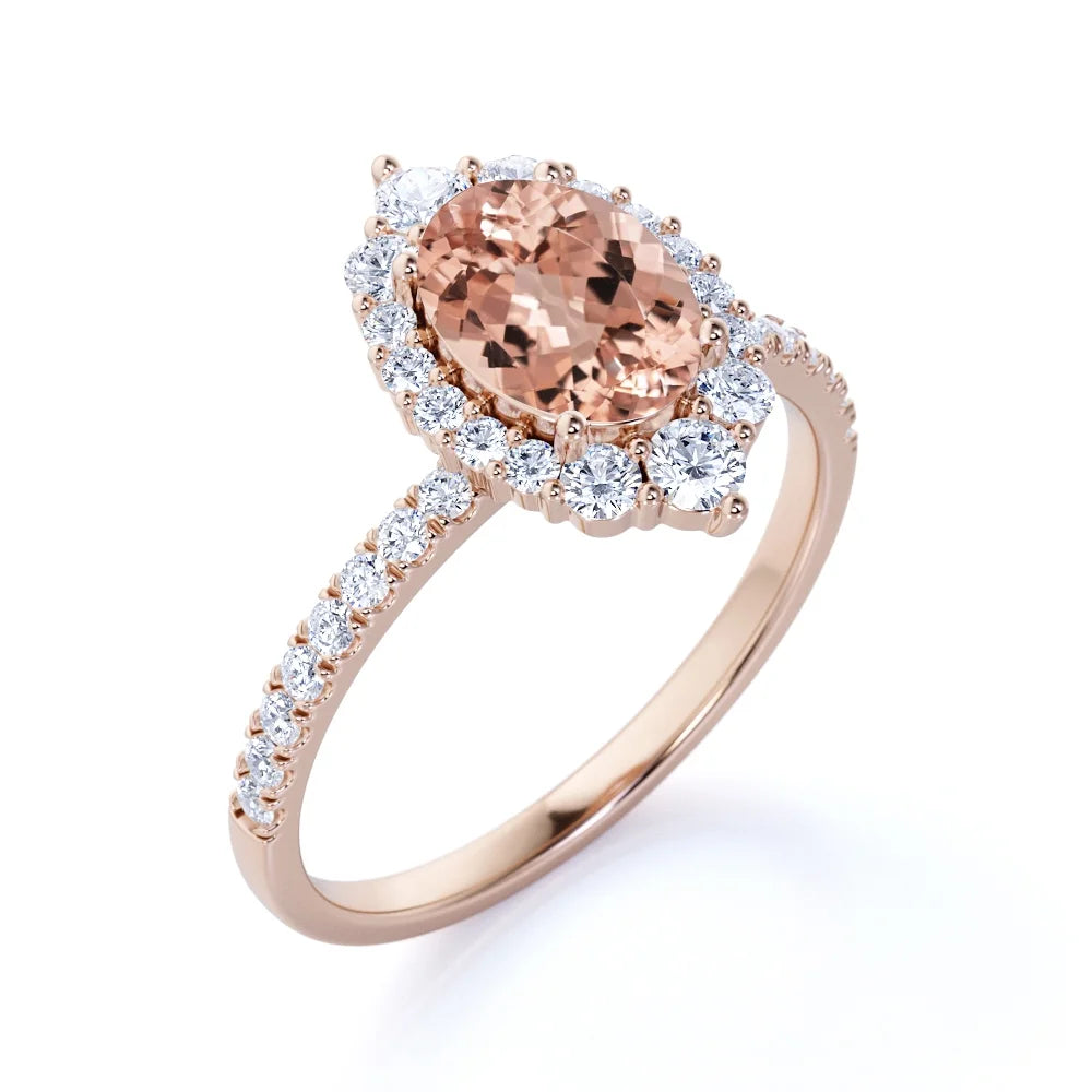 Vintage Oval Created Morganite and Moissanite Halo Promise Ring in 18K Rose Gold over Silver H712670