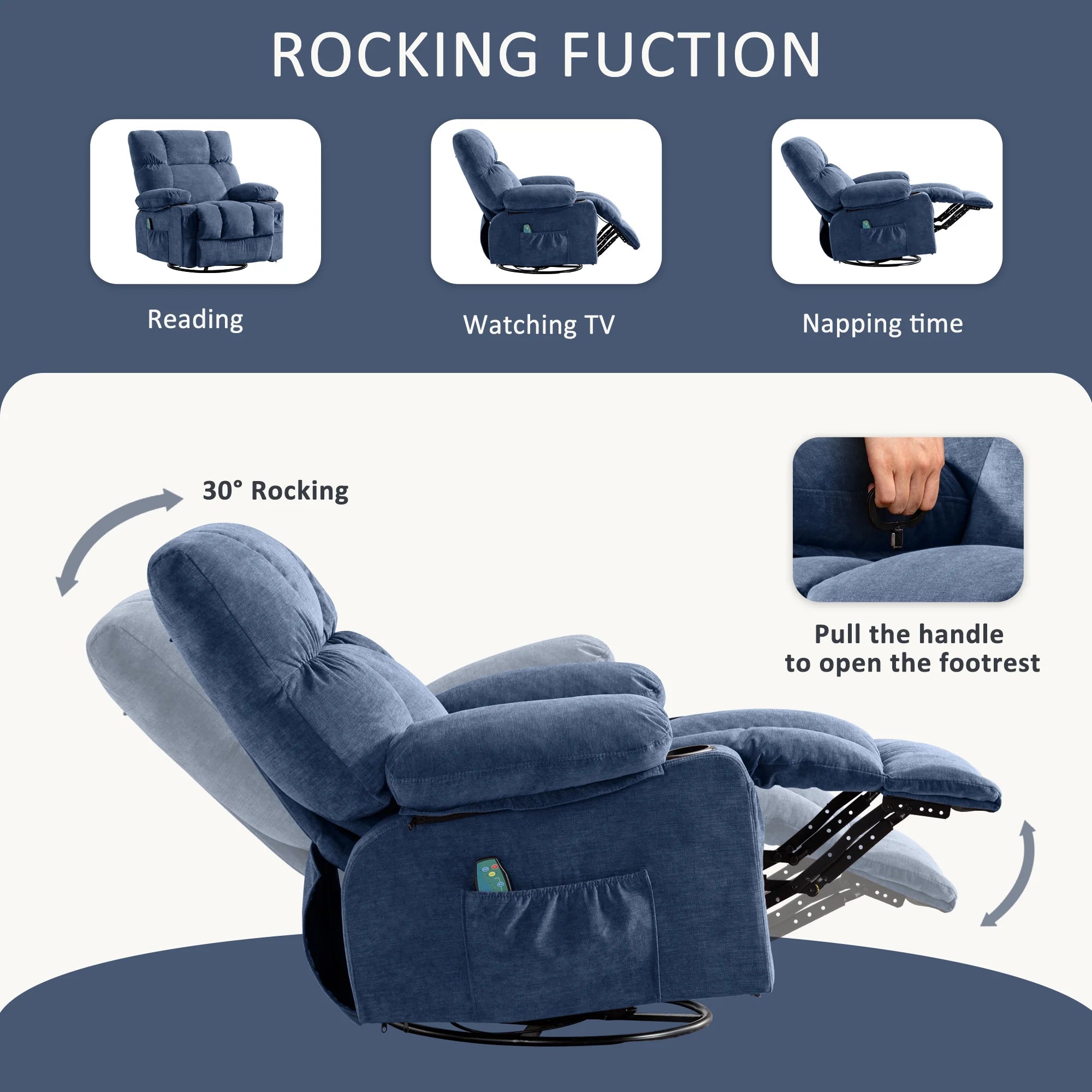 Blue Ergonomic Massage Rocker Recliner Chair with Vibration and Heat X7677
