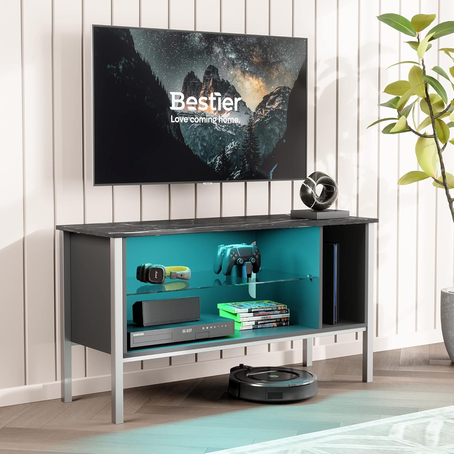 Black Carbon Fiber TV Stand with LED Light X4090