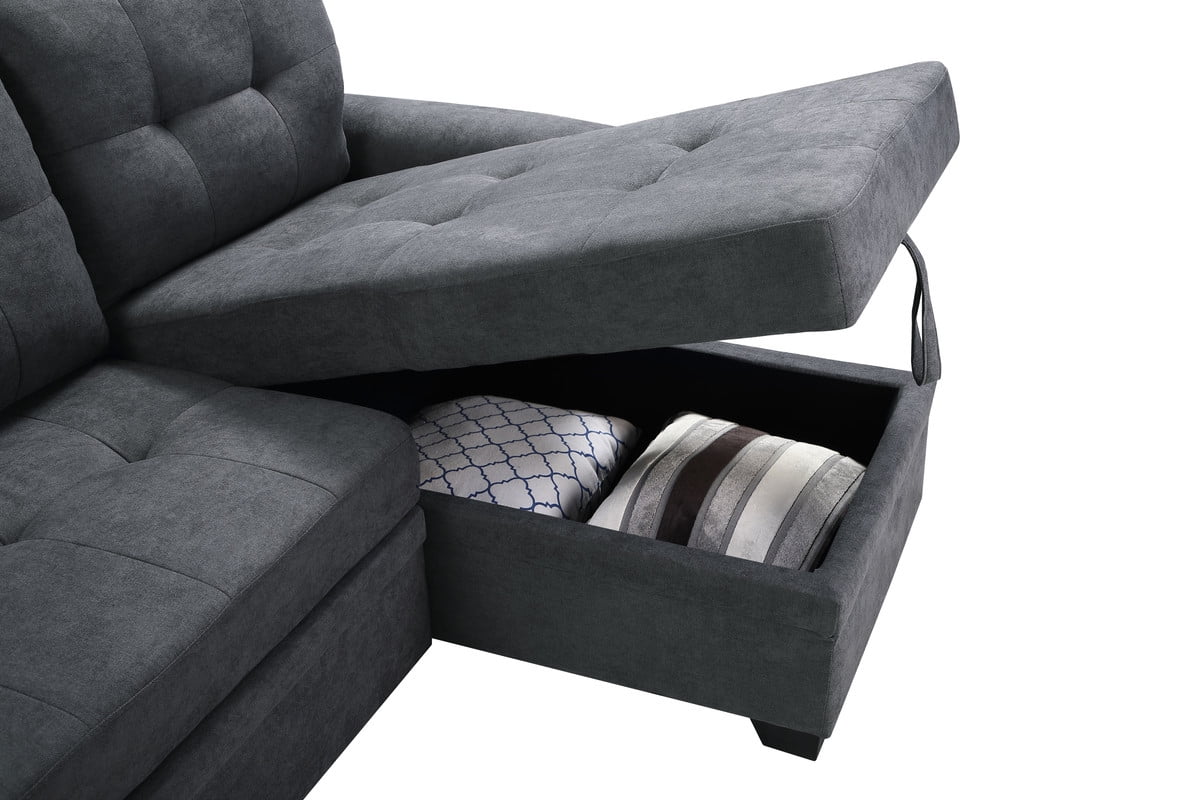 Dark Gray Fabric Reversible Sectional Sleeper Sofa Chaise with Storage K138