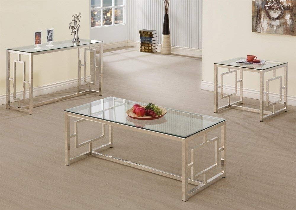 Sofa Table with Glass Top and Geometric Motif Nickel and Clear L7152