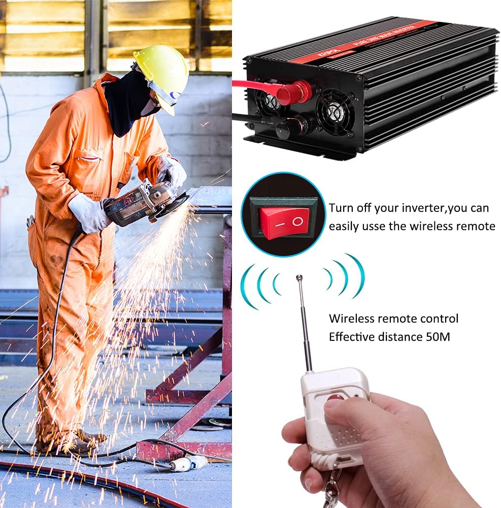 2000 Watt Pure Sine Wave Power Inverter 12V DC to 110V AC with 4 AC Outlets and USB Output R181