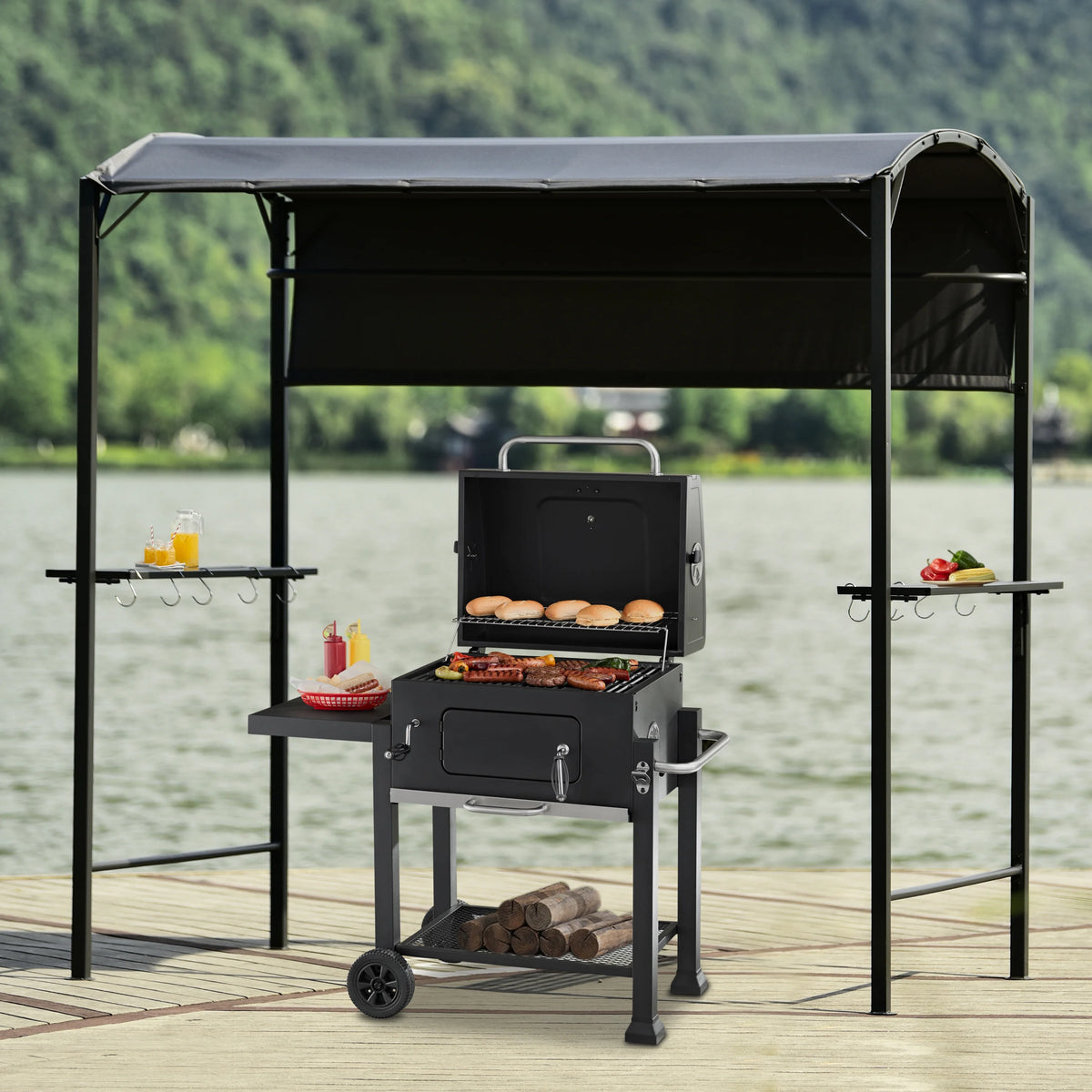 Outdoor Iron BBQ Grill Gazebo with Side Awning N3384