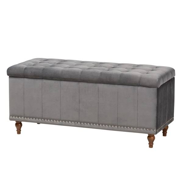 Velvet Button-Tufted Storage Ottoman Bench, Gray/Brown M467412