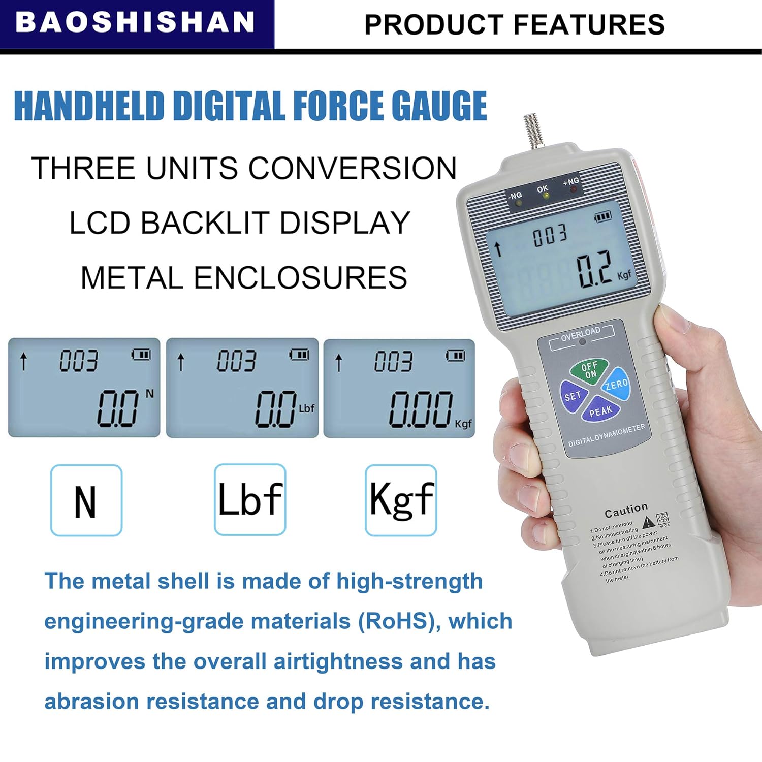 Digital Force Gauge Push Pull Gauge with Output Function, LCD Backlit Display, Metal Enclosures I186