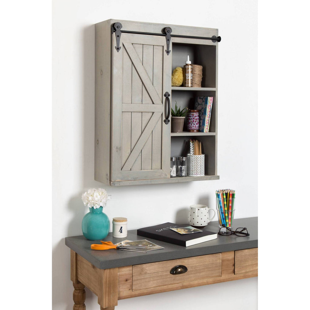 Rustic Gray Wood Wall Storage Cabinet with Sliding Barn Door A8844