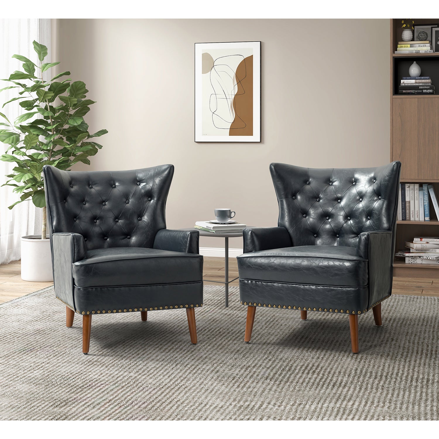 Navy Vegan Leather Wingback Armchair Set of 2 I802359