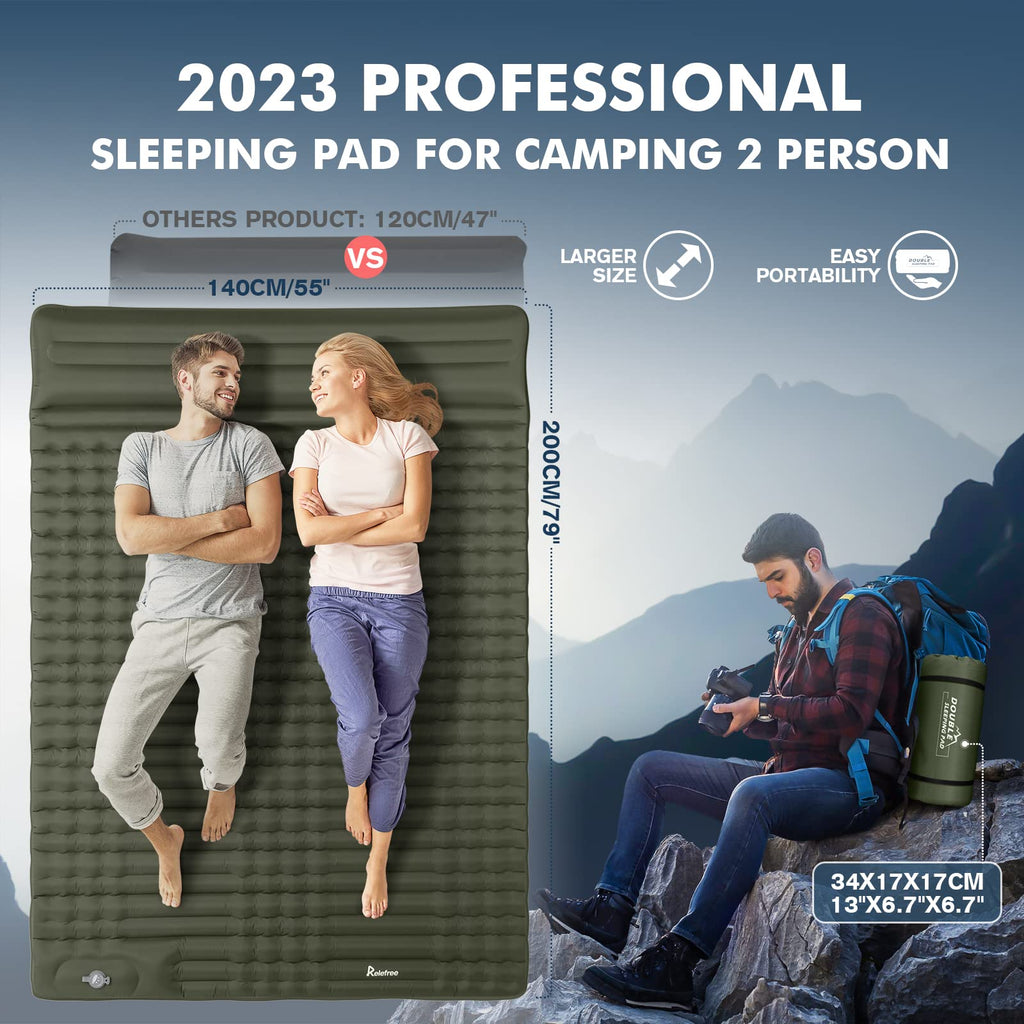 Self Inflating Double Camping Sleeping Pad with Air Pillow, 79 in x 55 in, Army Green Z2854