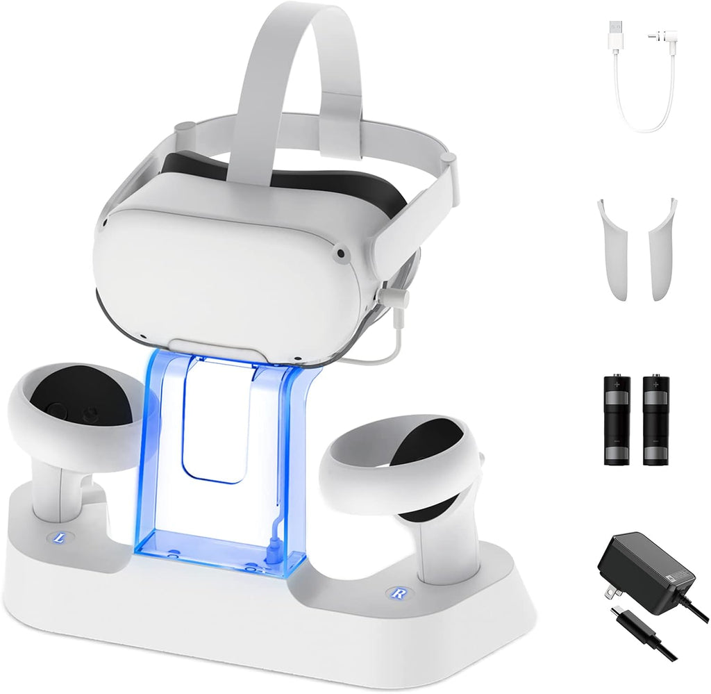 Charging Dock with LED Light for Oculus Quest 2, Headset Display Stand and Controller Mount, 2 Rechargeable Batteries, Magnetic Cable Pack of 2 A9937