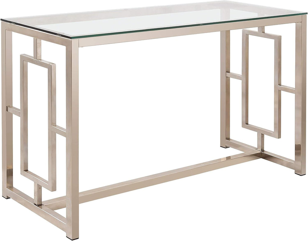 Sofa Table with Glass Top and Geometric Motif Nickel and Clear L7152