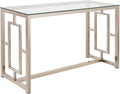 Sofa Table with Glass Top and Geometric Motif Nickel and Clear L7152