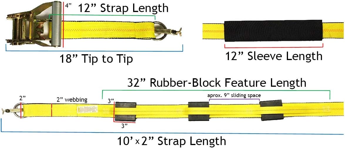 4 Wheel Straps with E-Track Fittings and 3 Rubber Blocks, 11’ x 2” Ratchet Strap, Pack of 2 X534150