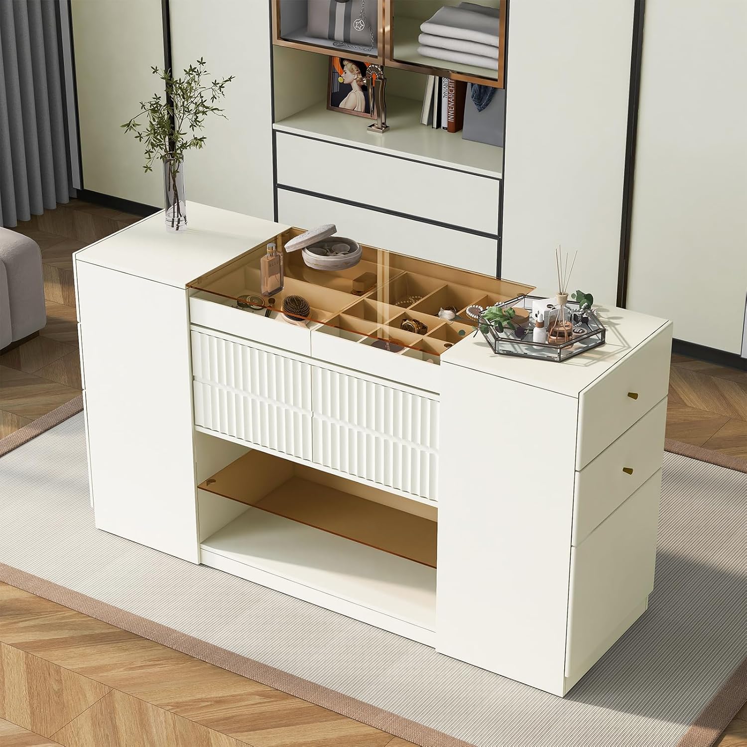 Glass Top Wooden Closet Island with 6 Drawers and 3 Cabinets Q2722