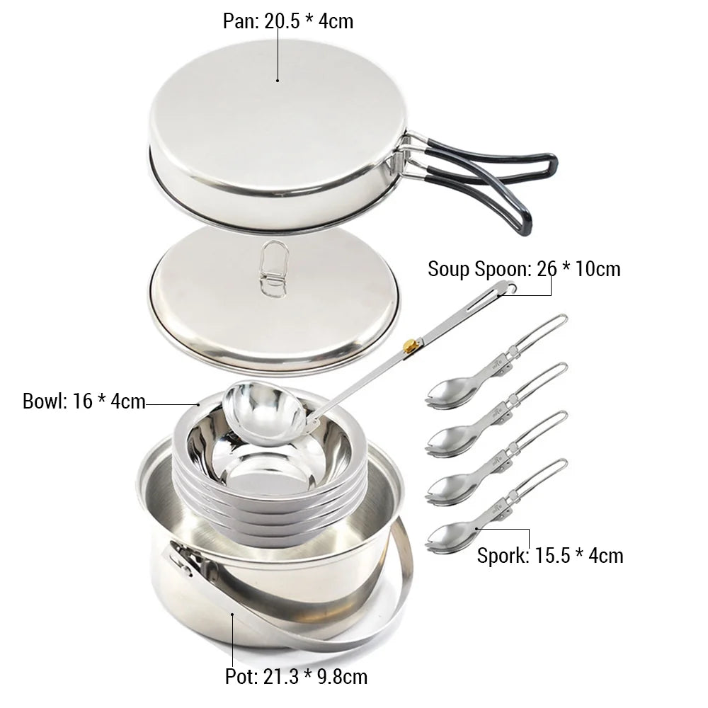 Stainless Steel Camping Cookware Set for 4 with Pot, Pan, Bowls, Folding Sporks C2946